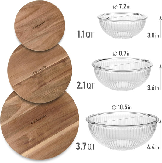 Set of 4 Stackable Space-Saving Nesting Glass Bowls with Airtight Acacia Lids for Lunch, Meal & Food Prep - Microwave & Oven-ready BPA Free Durable Heat Resistant Inert Borosilicate Glass