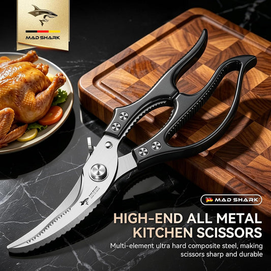 MAD SHARK Heavy Duty Poultry Shears, Kitchen Shears with Non-Slip Handle & Safety Lock, All Purpose Kitchen Scissors for Chicken, Meat Cutting, Turkey, Fish, Vegetables, Spring Loaded, Dishwasher Safe