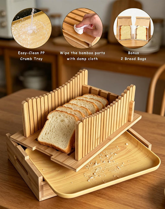 Bamboo Bread Slicer for Homemade Bread, Storage Drawer 2 Bread Bags