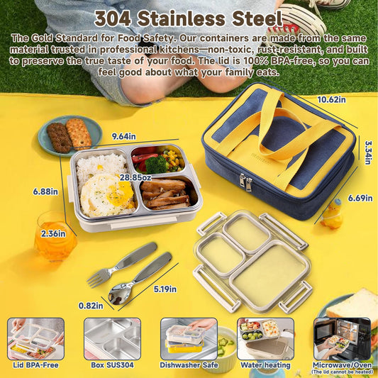 Stainless Steel Bento Lunch Box Set with Spoon, Fork & Insulated Lunch Bag, 25oz Leakproof Bento Box for Adults & Kids, Ideal for School, Home, Office, Picnic & Healthy meal prep containers (yellow)