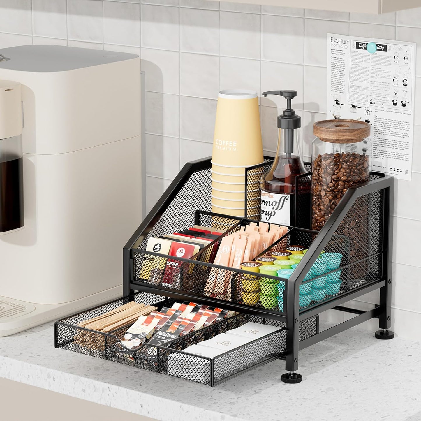 SWTYMIKI Coffee Bar Organizer for Countertop – Space-Saving Kcup Organizer with Tiered Shelves, Countertop Coffee Station for Pods, Sugar, Syrup, Cups, Stirrers, Mesh Condiment Storage