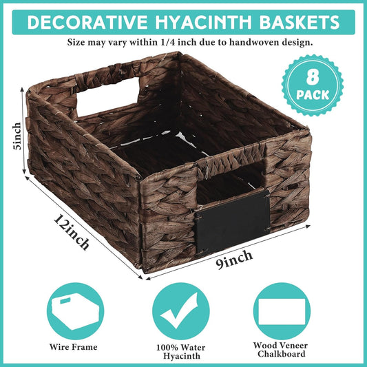 Nitial 8 Pcs Wicker Storage Basket, Rectangular Water Hyacinth Storage Basket for Shelving, Foldable Woven Pantry Organizer with Chalkboard Label and Chalk Marker (Natural,12 x 9 x 5 Inch)