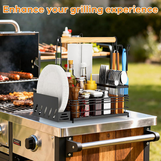 JBBTOOL Grill Caddy, BBQ Caddy for Outdoor Grill with Paper Towel Holder, Picnic Condiment Utensil Storage, Camping Essentials, RV, Tailgating Essentials, Grilling Accessories, Gifts for Men