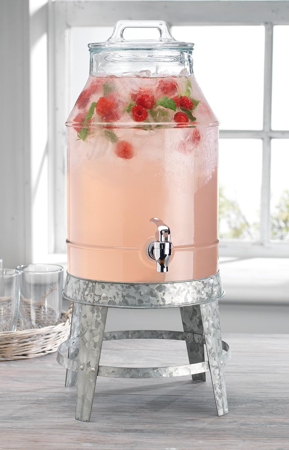 Classic Ice Cold Clear Glass Mason Jug Drink Beverage Dispenser Durable On Galvanized Stand 3 Gallon With Leak Free Spigot-Easy Filling For Outdoor, Parties & Daily Use Lid