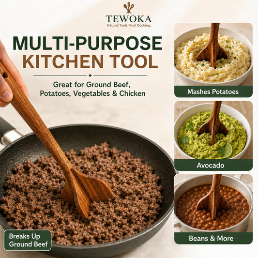 Premium Teak Wood Meat Masher, Wooden Meat Chopper for Ground Beef, 4-Fin Hamburger and Potato Masher, Non-Scratch Tool for Nonstick Cookware