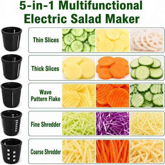 Electric Grater Vegetable Spiralizer, 5-in-1 Slicer For Home Kitchen, One-Touch Operation with Safety Push Bar, Salad Shooter for Zucchini, Carrots, Vegetables