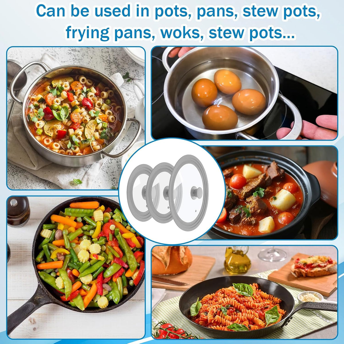 Ptwola 3PCS Universal Pot Lids for Pans and Skillets, Tempered Glass Replacement Cast Iron Frying Pan Cover with Heat Resistant Silicone Rim, Fits All 6" to 12" Diameter Cookware