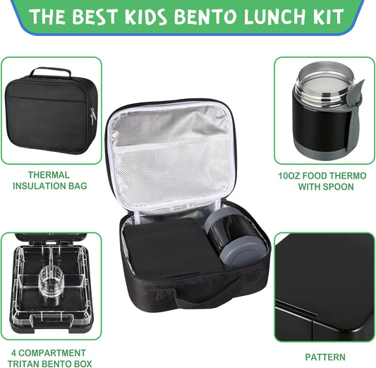 Pawtong Bento Lunch Box Set With 10oz Soup Thermo, Leak-proof Lunch Containers with 4 Compartment, Kids Hot Thermo Food Jar/Insulation Lunch Bag, Food Containers for School(Dinosaur)