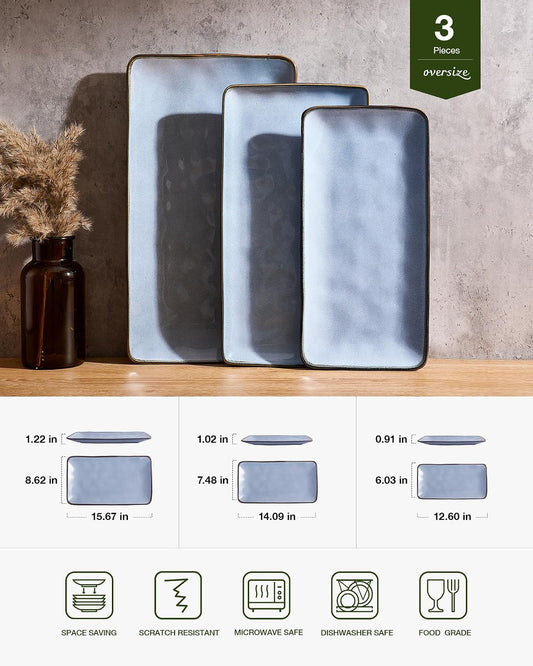 Famiware Serving Platter, Rectangular 15.67/14.1/12.6inch Serving Dishes for Entertaining, Microwave Dishwasher Safe, Stoneware Serving Trays for Party, Turkey, Cheese, Ocean Series, Cappuccino White