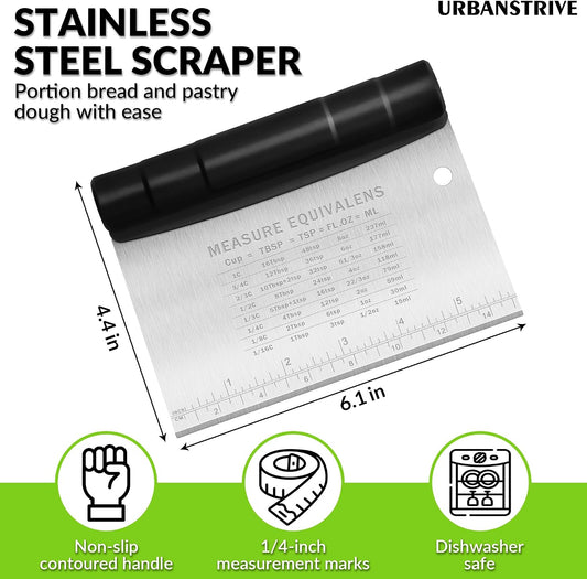 Urbanstrive Bench Scraper for Baking, Stainless Steel Dough Cutter and Scraper Tool Kitchen, Kitchen Scraper Food Scraper Tool Pizza Cutter Food Chopper, Multi-Purpose Kitchen Gadgets, Black