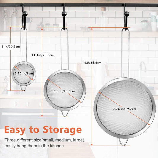 3Pcs Super Wire Extra Fine Mesh Strainer with Handle, Small Medium Large Size Sifter Metal Strainer Set, Stainless Steel Sieve Fine Mesh Strainers for Kitchen Rice Juice Quinoa Food Flour Baking YLYL