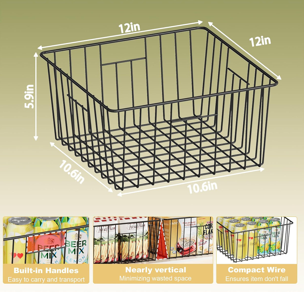 X-cosrack Metal Wire Basket Pantry Baskets Foldable Cabinet Organizers with Handles-6 Pack-12"x9"x6", Food Storage Freezer Organizer Bins for Kitchen Bathroom Laundry Closet Garage - Patent Design