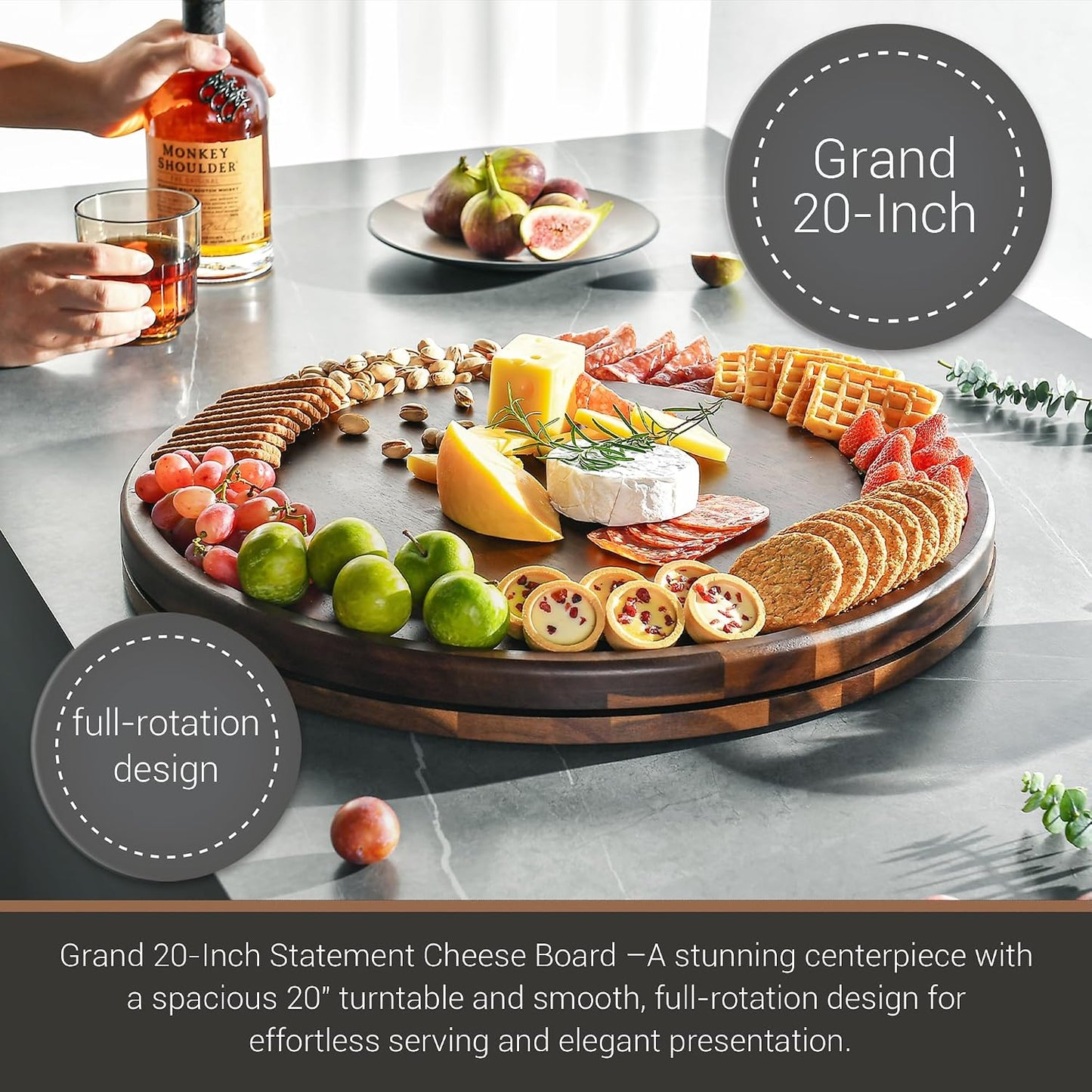 Shanik Acacia Wood Lazy Susan Cheese Board Set – Rotating Charcuterie Platter, Elegant Serving Tray for Appetizers, Snacks, Parties & Weddings