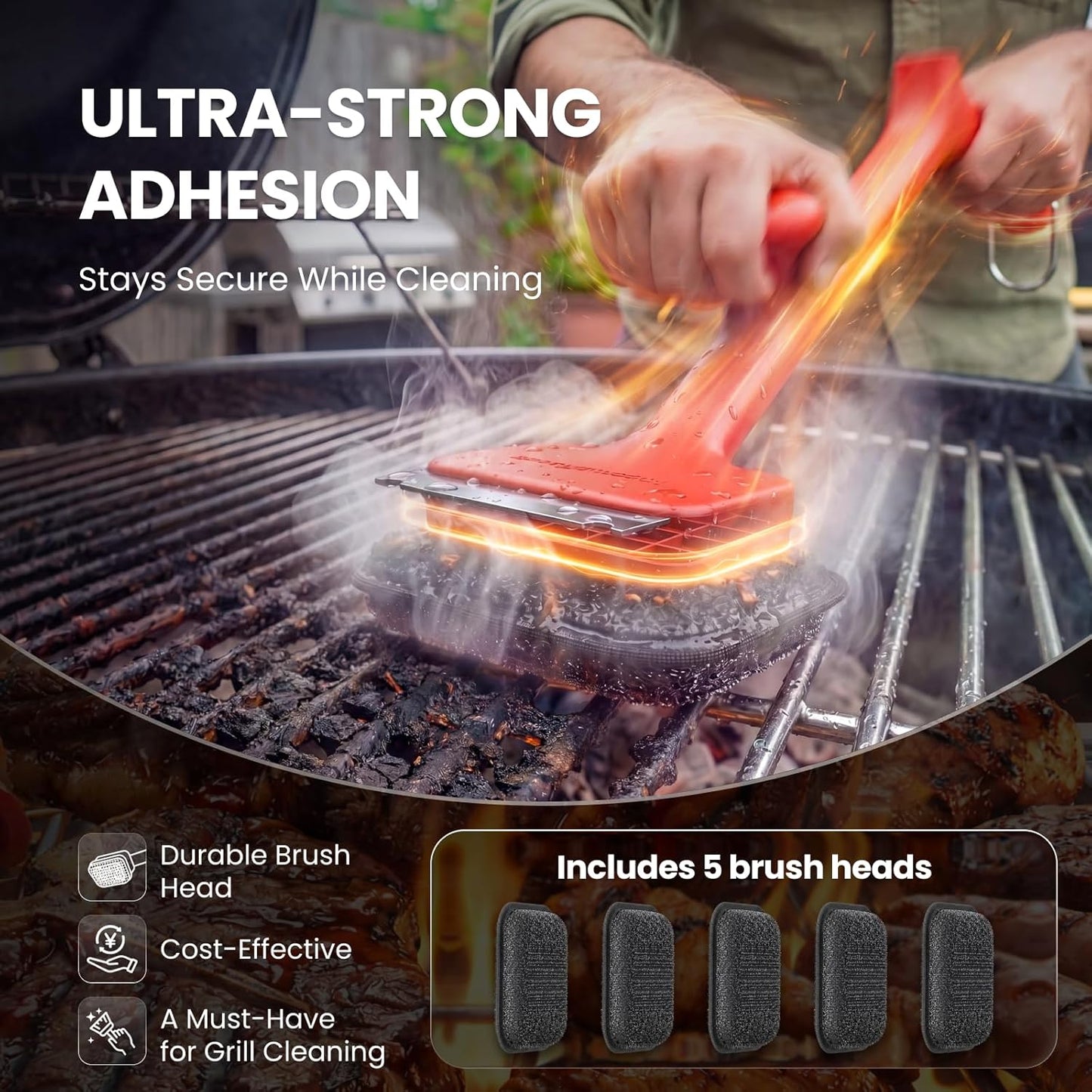 ThermoMaven Bristle-Free BBQ Grill Brush - No Wire Risk Steam Cleaner Removes Burnt Grease Fast - 17" Cool-Touch Handle, Scraper & 3 Replaceable Heads for Gas, Charcoal & Cast Iron