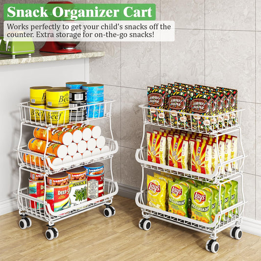3 Tire Rolling Pantry Organizers and Storage Cart on Wheels | Metal Frame, Under Pantry Cabinet, Drip Tray, Storage for Snack, Potato, Onion, Produce, Can, Drink, Fruit and Vegetable