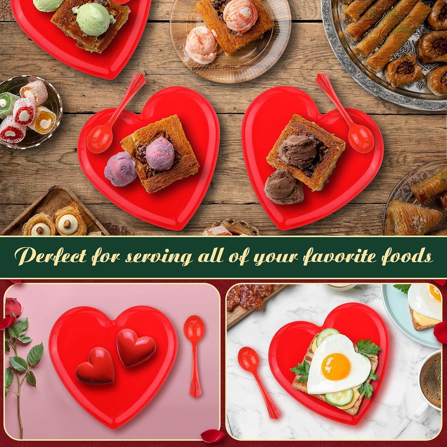 Layhit 38 Pieces Valentines Heart Shaped Plates Spoon Set Include 18 Pcs 10 Inch Valentines Day Heart Shaped Food Tray 20 Pcs Plastic Spoon Salad Dessert Plate for Party Supplies(Red)