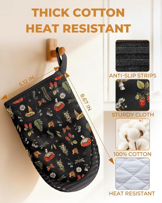 100% Thick Cotton Mini Oven Mitts Silicone Grip Black Mushroom