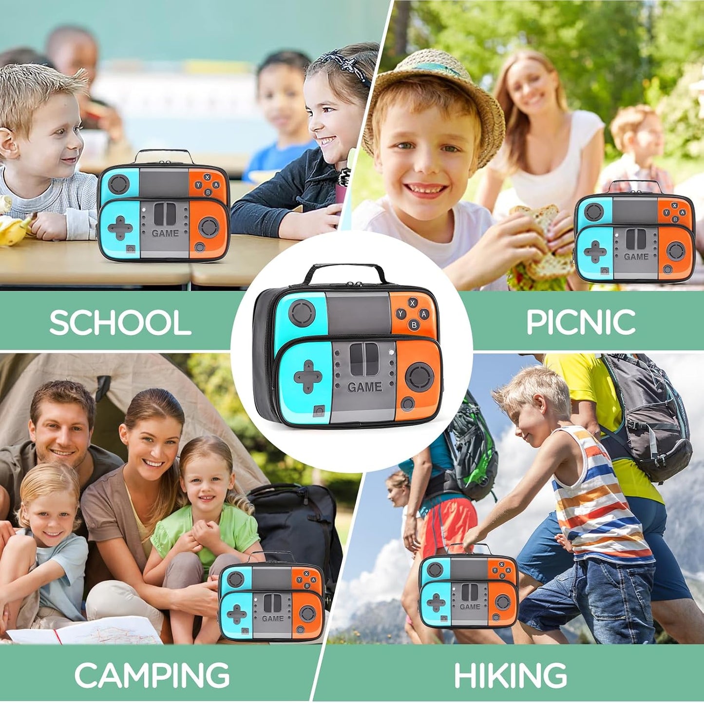 Kids Gamer Lunch Box for Boys, Game Console Insulated Lunch Bag, PU Leather Waterproof Lunchbox with Mesh Pocket, Durable Leakproof Lunch Tote Fits Bento Box for School