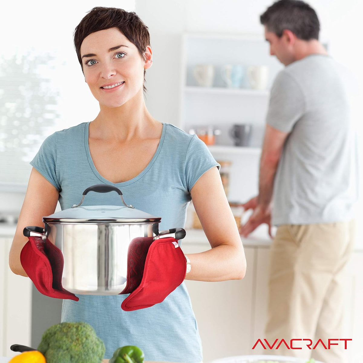 AVACRAFT Oven Mitts Pair, Flexible, 100% Cotton with Unique Heat Resistant Food Grade Silicone, Thick Terry Cloth Interior, 500 F Heat Resistant (Red Oven Mitts)
