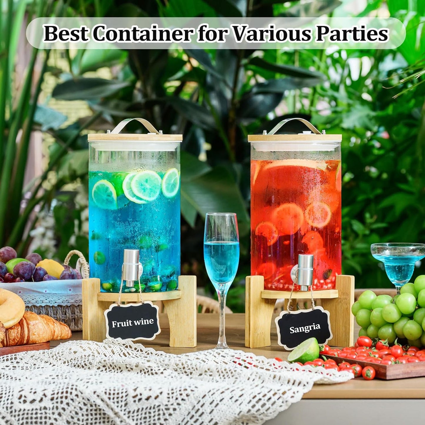 1.2 Gallon Large Glass Drink Dispenser For Parties, Beverage Dispenser with Bamboo Wood Stand and Stainless Steel Spigot, Juice, Lemonade, Water jug dispenser, Laundry Detergent Dispenser (2 PACK)