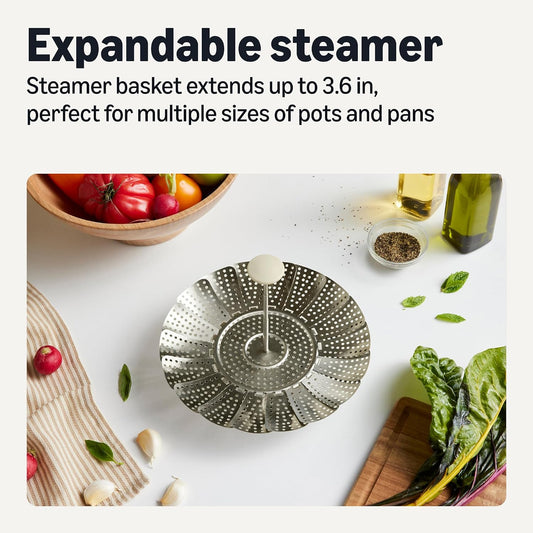 Amazon Basics Extendable Steamer Basket for Vegetables, Dumplings and Seafood, Expands from 5.6 to 9.25 in., Stainless Steel, Dishwasher-Safe