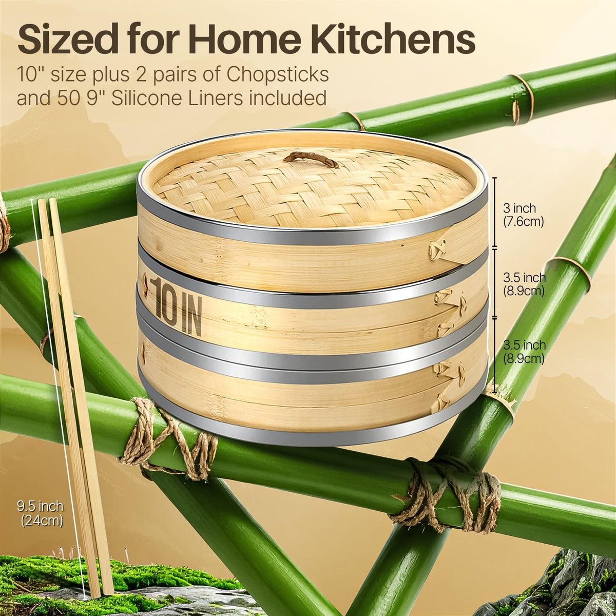 Flexzion Bamboo Steamer Basket Set (8 inch), 50 x Steamer Liners and 2 Pairs of Chopsticks, Steam Baskets for DimSum Dumplings, Rice, Vegetables, Fish and Meat