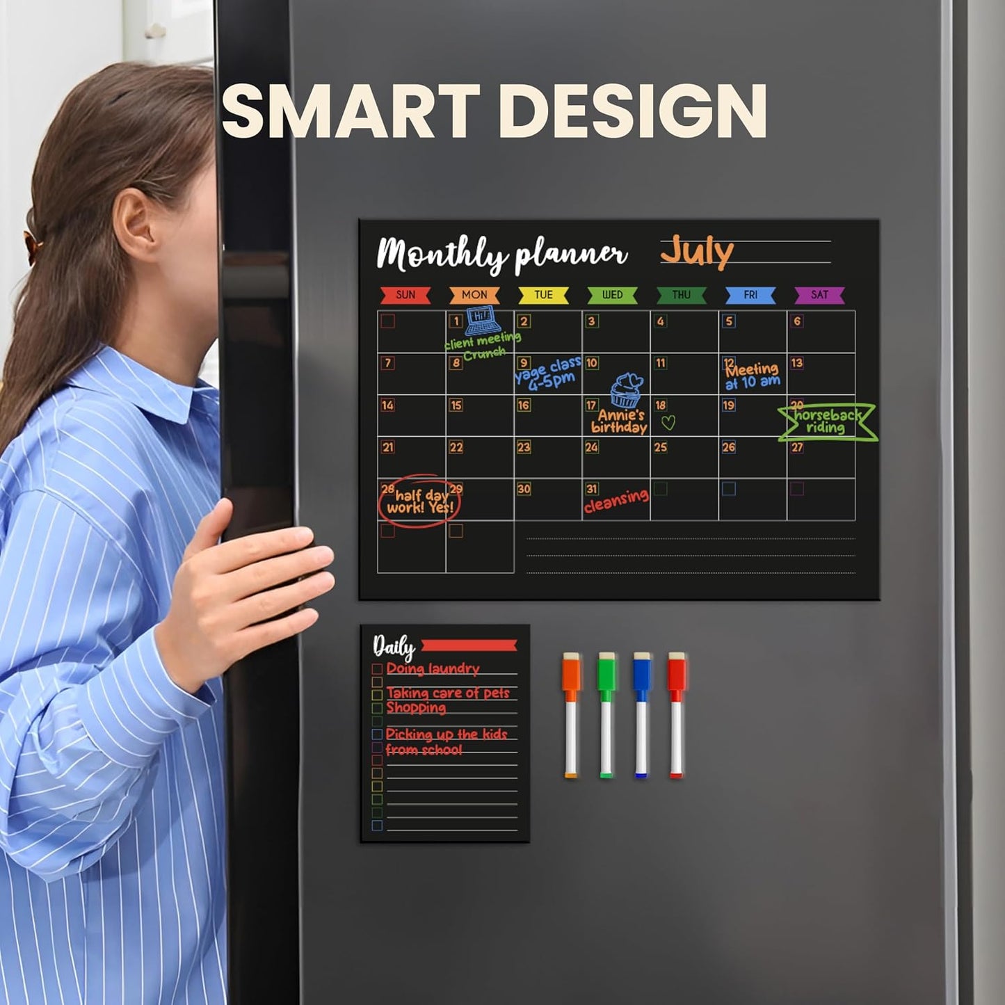 Magnetic Fridge Calendar Dry Erase - Weekly Magnetic Calendar for Refrigerator - Weekly Planner Fridge, Erasers, Markers & Note Pads (Black)