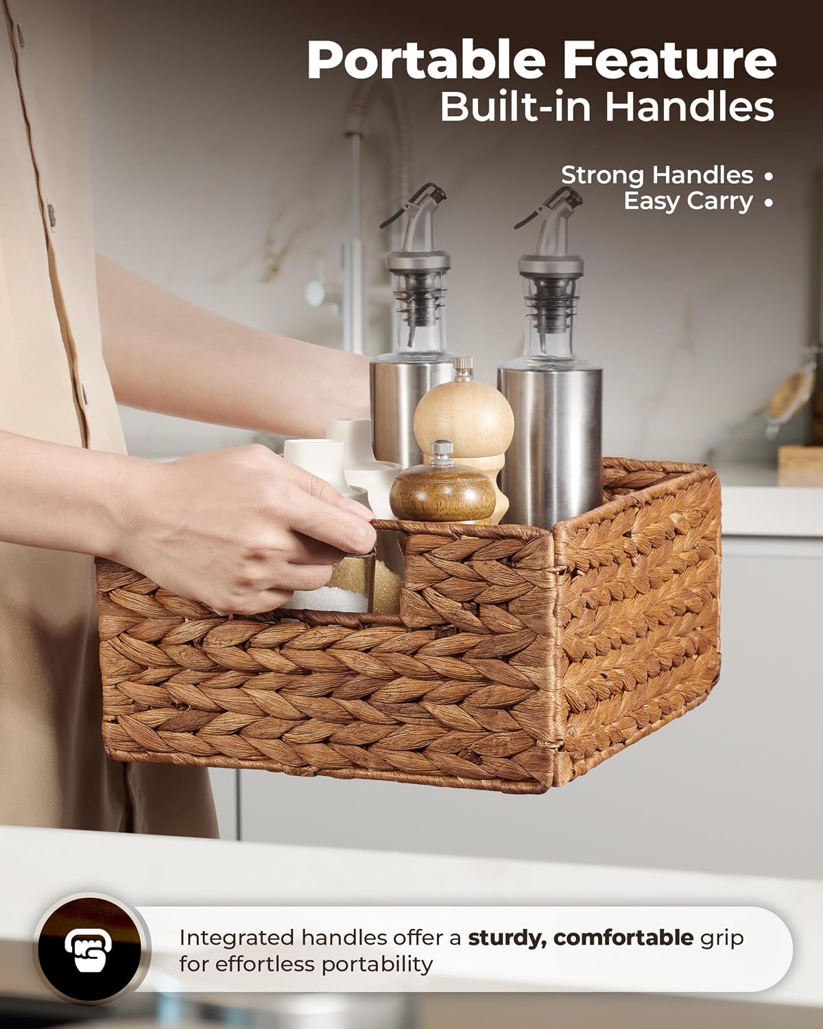 BLUEWEST Water Hyacinth Storage Baskets (Set of 6) – Woven Hyacinth Organizer with Carrying Handles, Laundry Basket for Organizing, Rattan Bin for Shelves