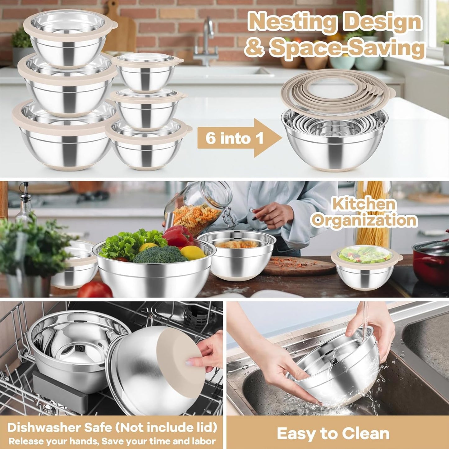 TeamFar Mixing Bowls Set of 6, Stainless Steel Salad Mixing Bowls with Visible Lids, Metal Nesting for Mixing Serving Prepping, Non-Slip & Airtight, 4.6/3.5/2/1.5/1/0.7 QT, Khaki