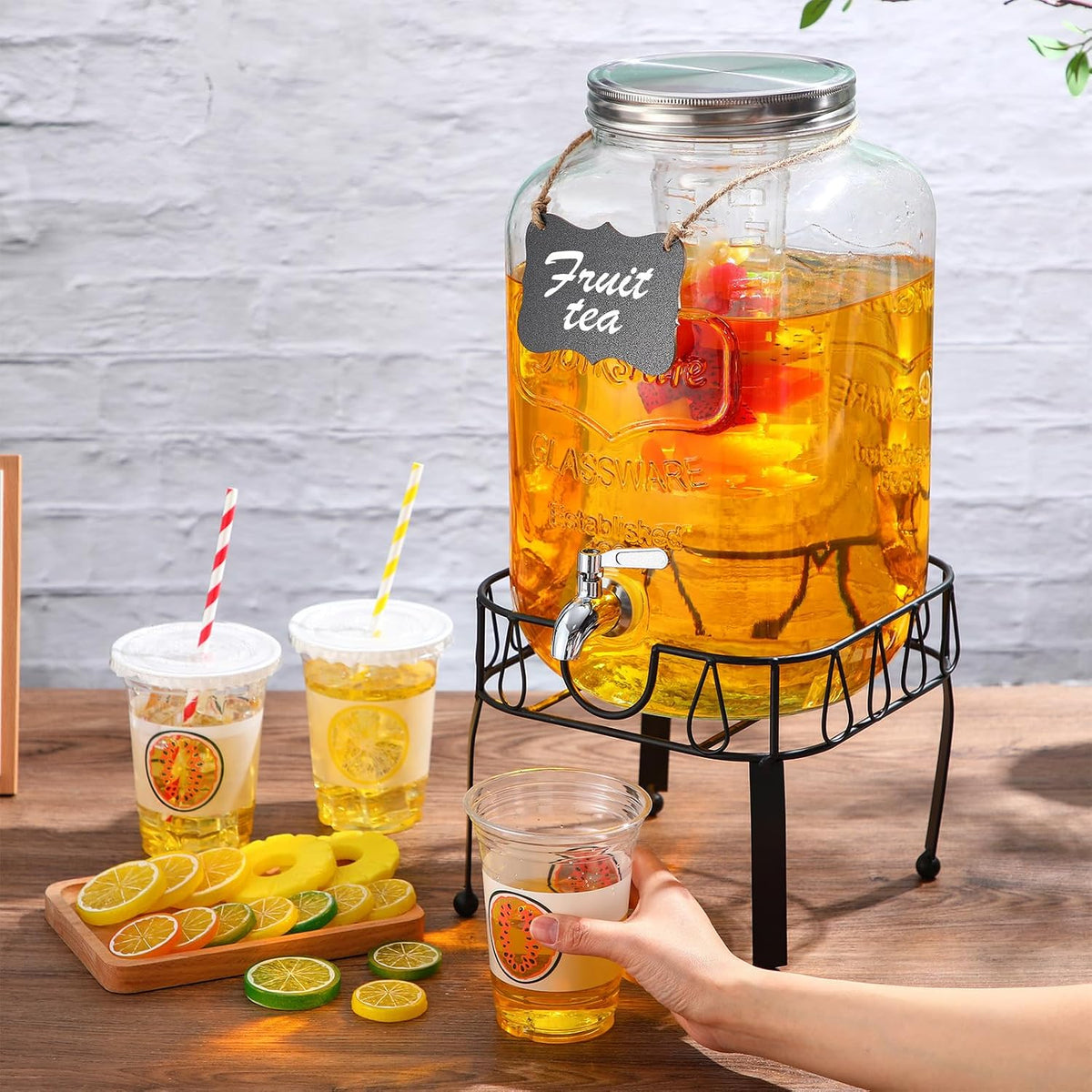 FillTouch 3 Gallon Drink Dispenser with Stand Glass Beverage Dispenser Drink Dispensers with Lid 18/8 Stainless Steel Spigot for Picnics, BBQ, Parties and Daily (Chalkboard Style,Metal Stand)