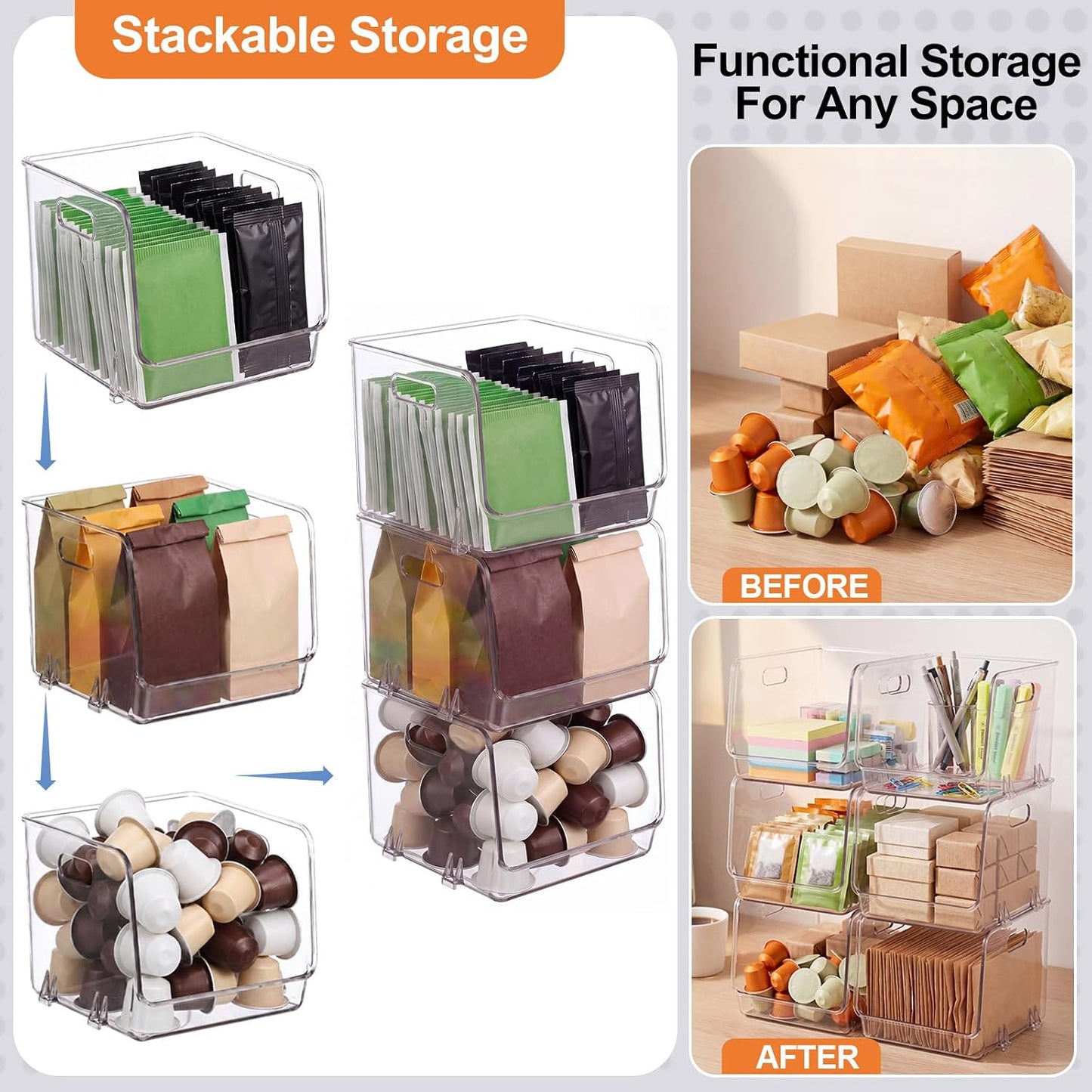 4 Pcs Clear Plastic Storage Bins Stackable Pantry Storage Organizer Kitchen Cabinet Organizers Ideal Containers for Coffee Pod Tea Sugar Bag Fridge Caddy Office