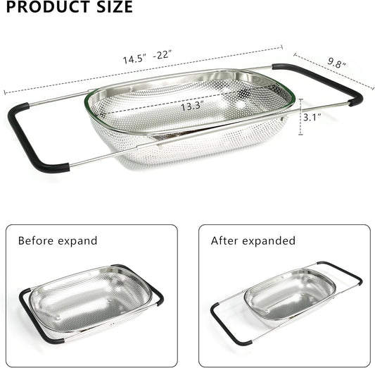 GREATLINK Over Sink Expandable Colander - Fine Mesh Strainer Basket with Extendable Handles for Kitchen, 6QT Vegetable Fruit Pasta Strainer for Washing Rice, Kitchen Colander