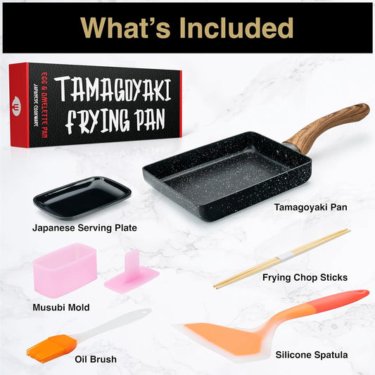 Oleex Tamagoyaki Pan Set – Japanese Omelette Pan with Kitchen Cooking Tools Like Musubi Mold, Spatula & Other Omelet Accessories – Multifunctional PFOA-Free Nonstick Square Frying Pan – 5x7 Inches
