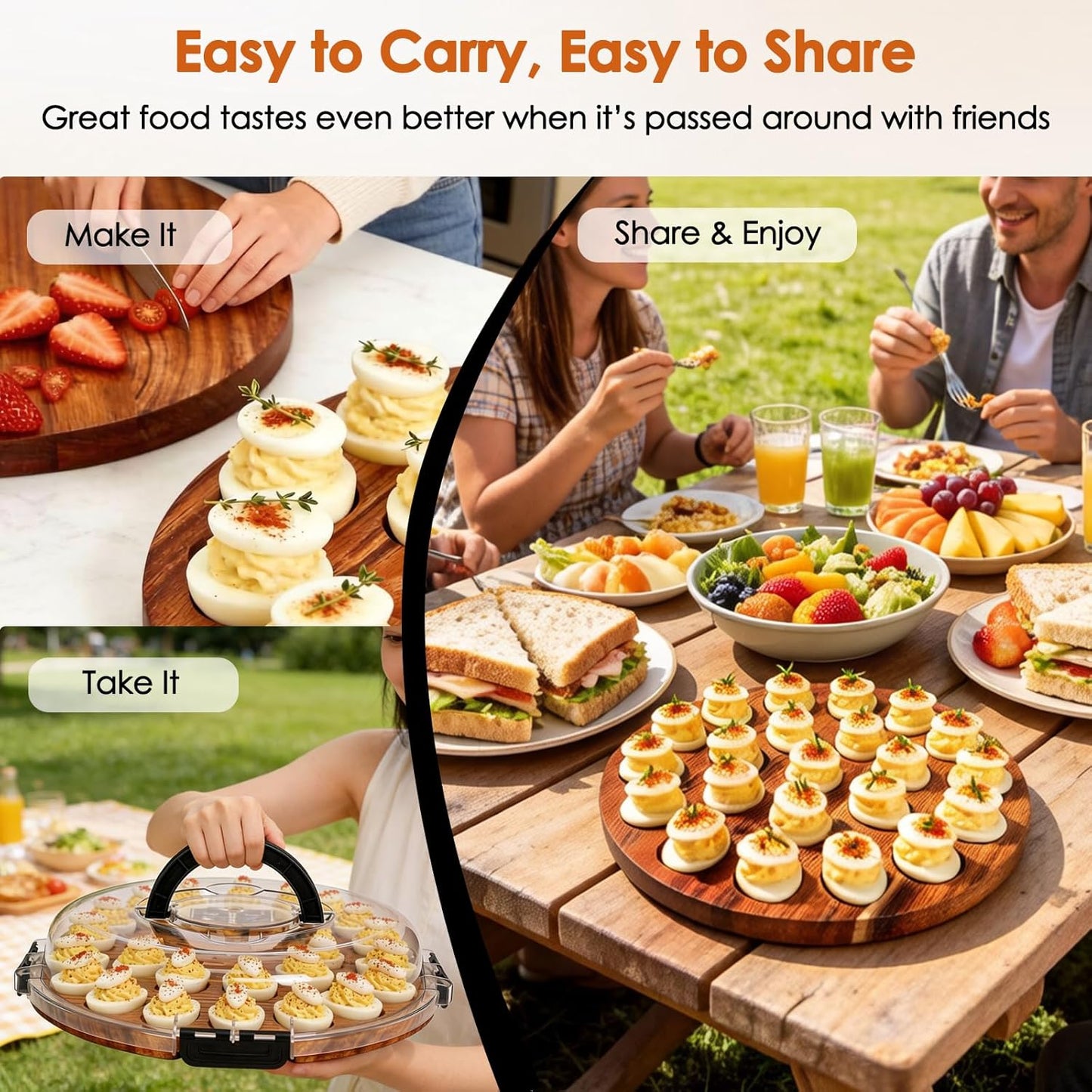 Acacia Wood Deviled Egg Carrier with Secure Snap-Lock Lid – Holds 24 Eggs for Parties,Potlucks & Picnics,Portable Serving Tray with Handle, Dishwasher-Safe Lid,Easter Hostess Gift Idea