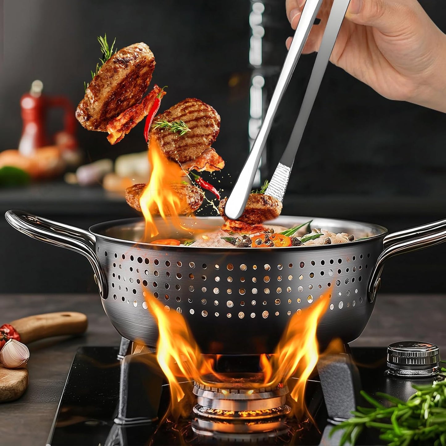 2-Piece Kitchen Tongs Set – 12-Inch Stainless Steel BBQ Tweezers with Straight & Curved Edges, Non-Slip Grip, Heavy Duty for Grilling Steak, Flipping Pancakes, Salads & Cooking