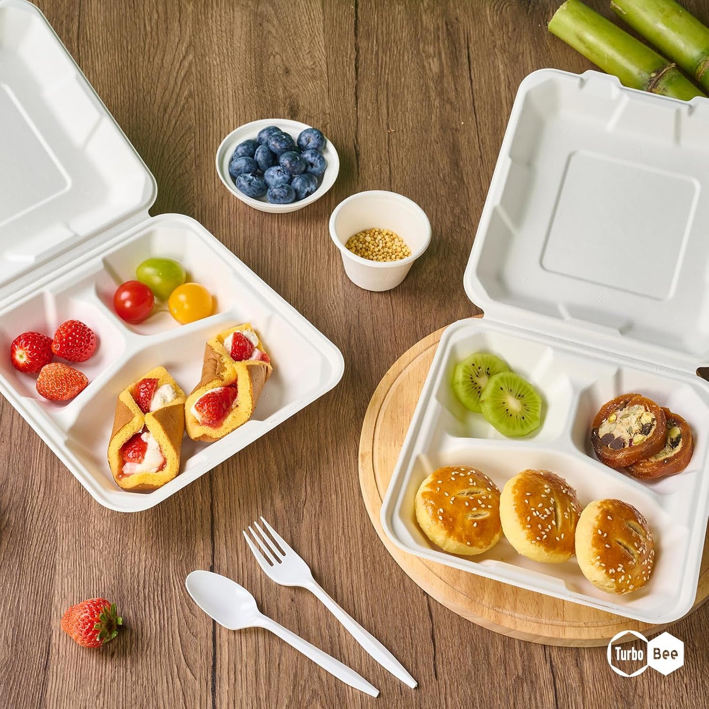 Turbo Bee 100 Pack 8x8inch White 3 Compartment Take Out Containers with Lids, Disposable Clamshell Meal Prep Containers, Divided Lunch Boxes for Catering, Restaurant & Meal Prep