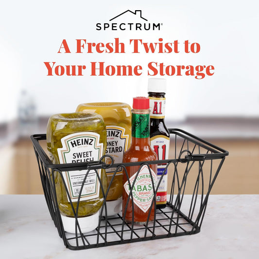Spectrum Small Wire Basket with Handles Black Farmhouse Basket Organizer for Kitchen Bathroom Laundry Pantry Shelf Organization, Sturdy Twist Wire Metal Basket with Handle for Gifts or Storage