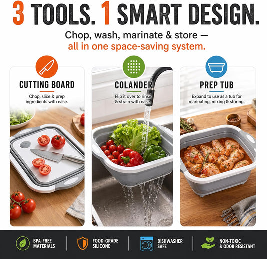 Collapsible 3-in-1 BBQ Prep Tub Cutting Board Colander & Food Prep Tub