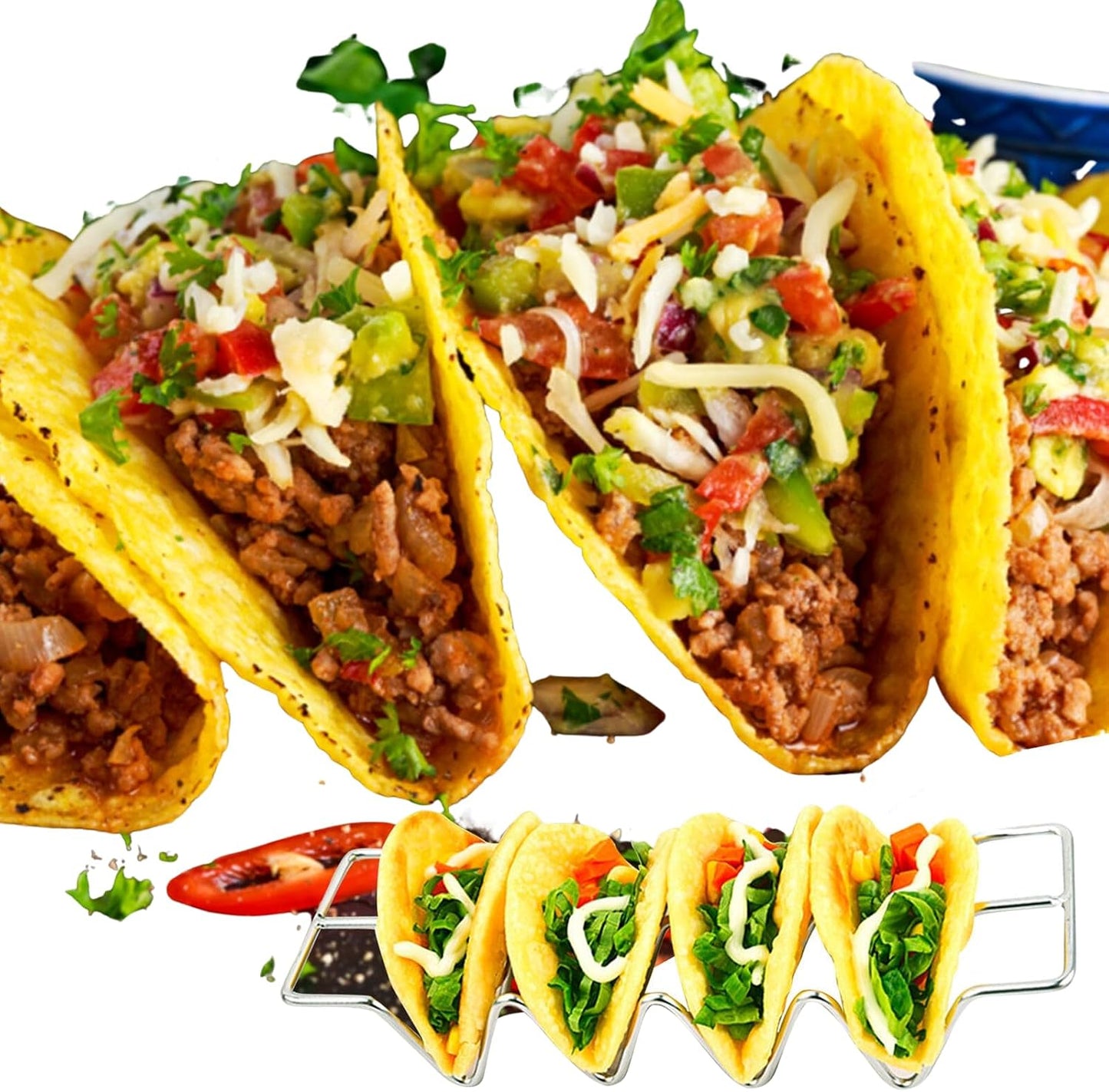 Dependable Industries inc. Essentials 3-Pack Stainless Steel Taco Holder Stand – Holds 4 Tacos Each, Oven & Grill Safe, Dishwasher-Safe Metal Taco Tray for Hard & Soft Shells, Taco Bar Serving Rack