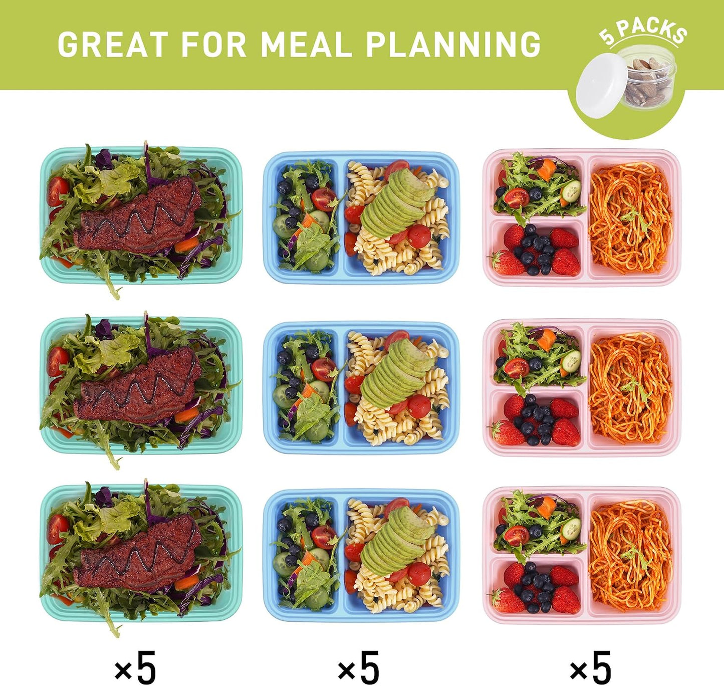 LISI 100-Piece Meal Prep Containers, 33oz Large Food Storage Containers with lids with 1, 2, 3-Compartment, Freezer Safe To-Go/Take-Out Boxes, Includes 5-Pack 2oz Dressing Cups for Take Out