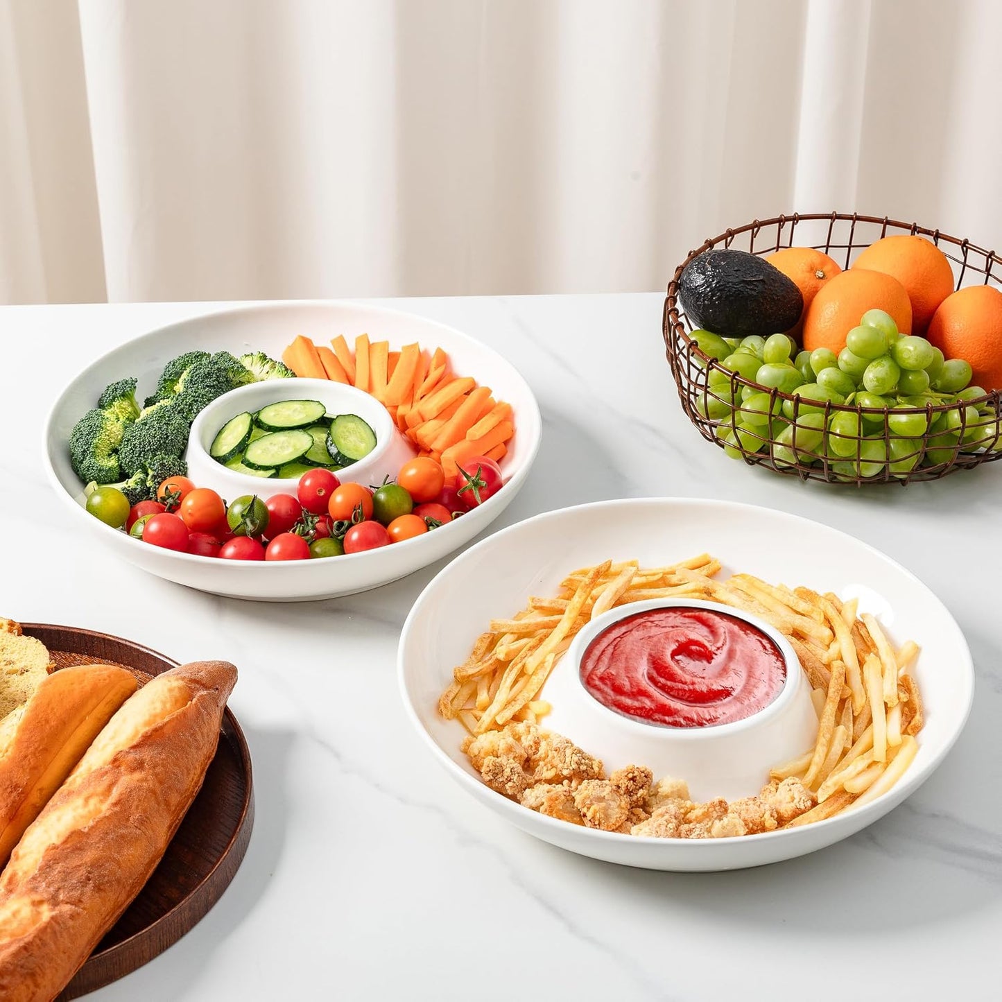 LEHAHA 12.25 inch porcelain Chip and Dip Serving Set, Ceramic Platters for Cheese, Appetizers &Chips Salsa, Fruit and Veggies, Divided Serving Trays for Family Gathering and Parties, Dark Creamy