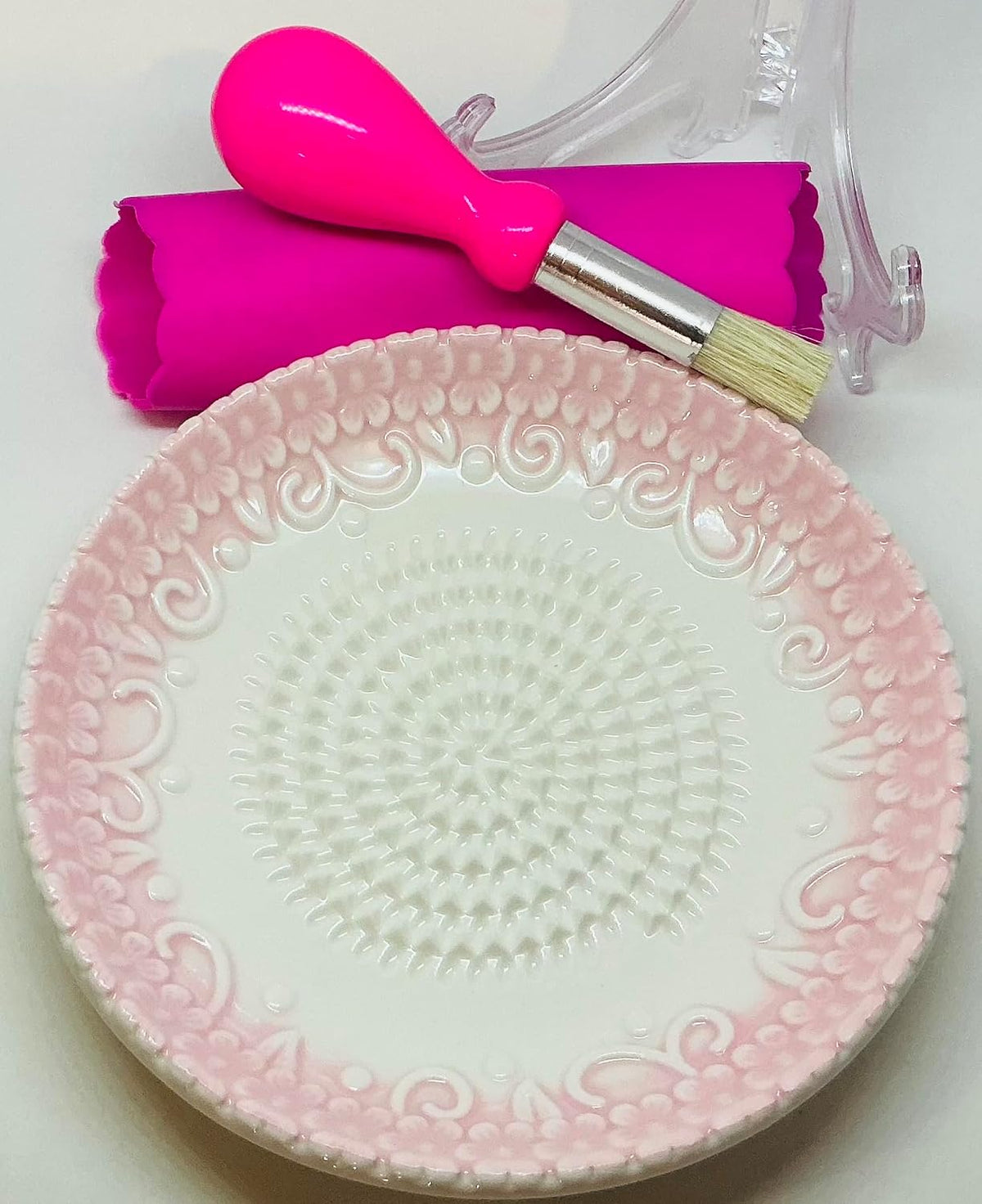 BonCera, Premium Ceramic Garlic Grater Plate Set - Pink Embossed