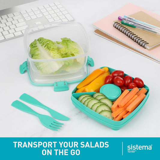Sistema Bento Box Adult Lunch Box with 3 Compartments, 2 Removable Trays, and Salad Dressing Container, Dishwasher Safe, Color May Vary, 42 oz./1.25L Size (Pack of 4)