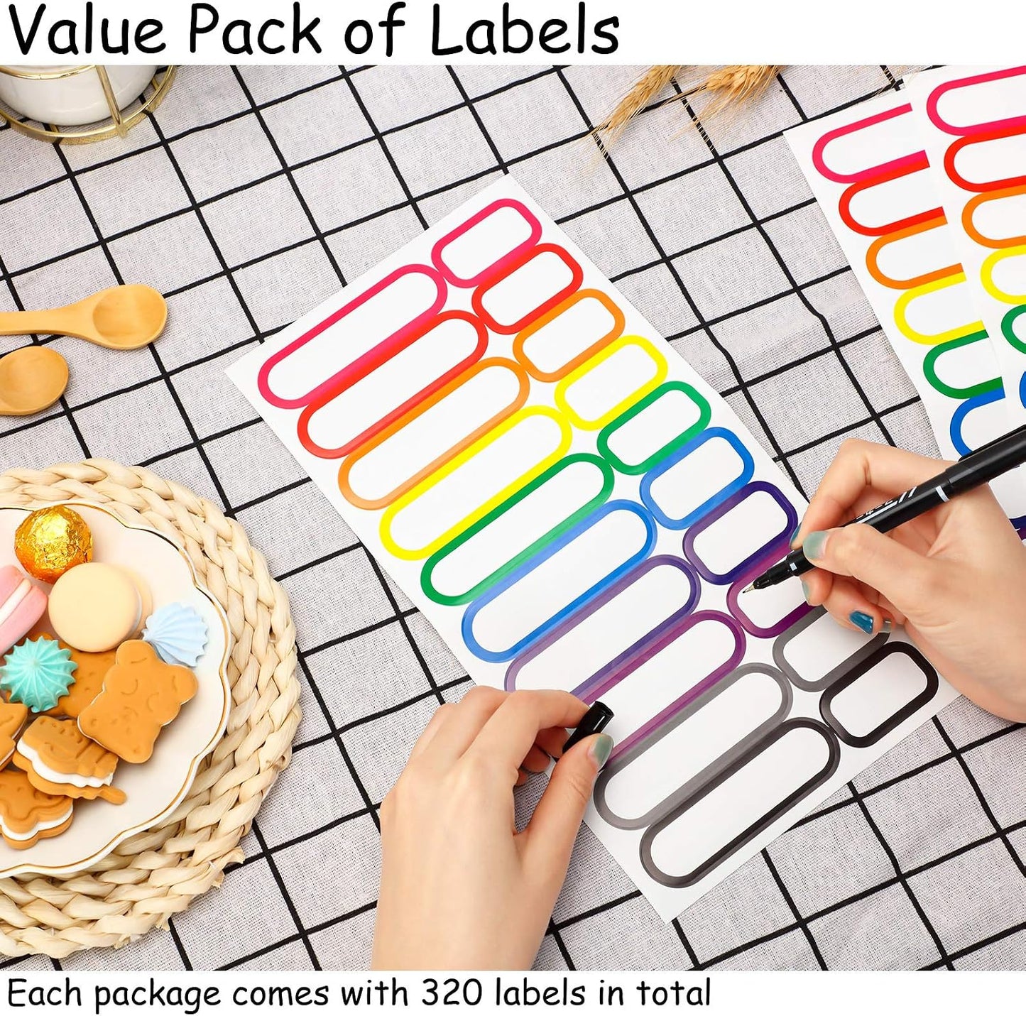 Outus 320 Pcs Waterproof Removable Labels with Makers Pen Self Adhesive Label Stickers for Water Bottles Spice Food Containers Jars Pantry Restaurant Storage(Colorful)