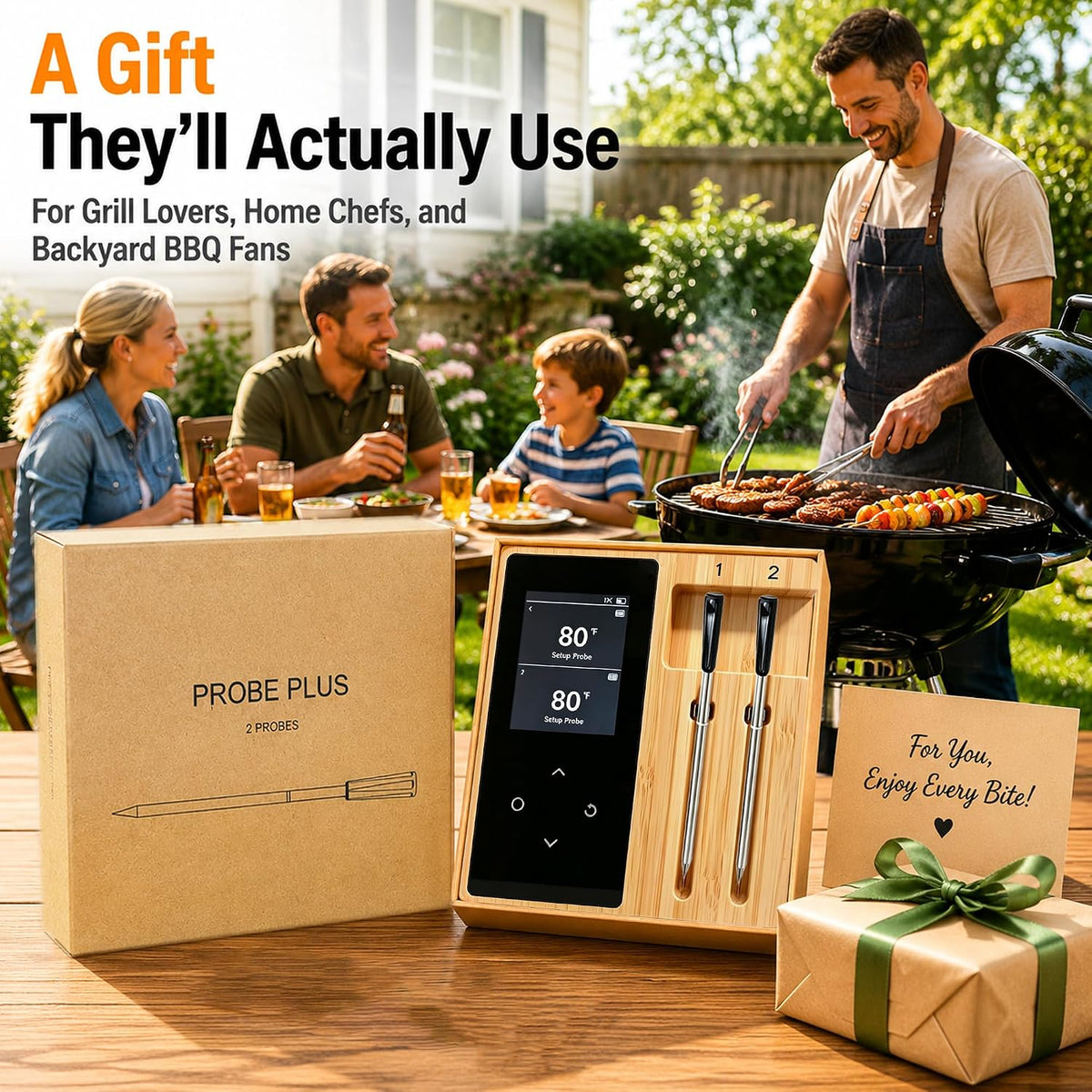 Wireless Bluetooth Meat Thermometer with Wooden Display Base, Dual Probe Leave-in Cooking Thermometer for Thick Cuts, BBQ Grill Smoker Oven Air Fryer, App Alerts, Birthday Gift for Men & BBQ Lovers