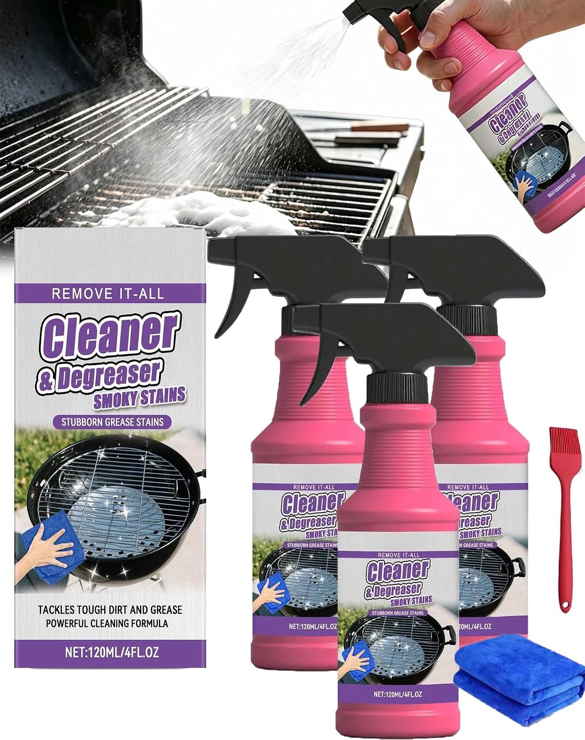 Fast-Acting Heavy-Duty Grill Degreaser Spray, 120ml BBQ Grill Cleaner, Professional Strength BBQ Cleaner & Degreaser For Grates, Ovens & Smoker Racks, Powerful Grease & Burnt-On Carbon Remover (2pc)