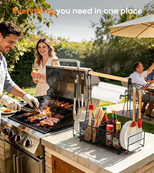 Grill Caddy Barbecue Tool Sets for Outdoor Grill, Picnic BBQ Caddy Picnic Utensil Condiment Organizer, BBQ Accessories Camping Gifts with Paper Towel Holders, Compartments & Hooks
