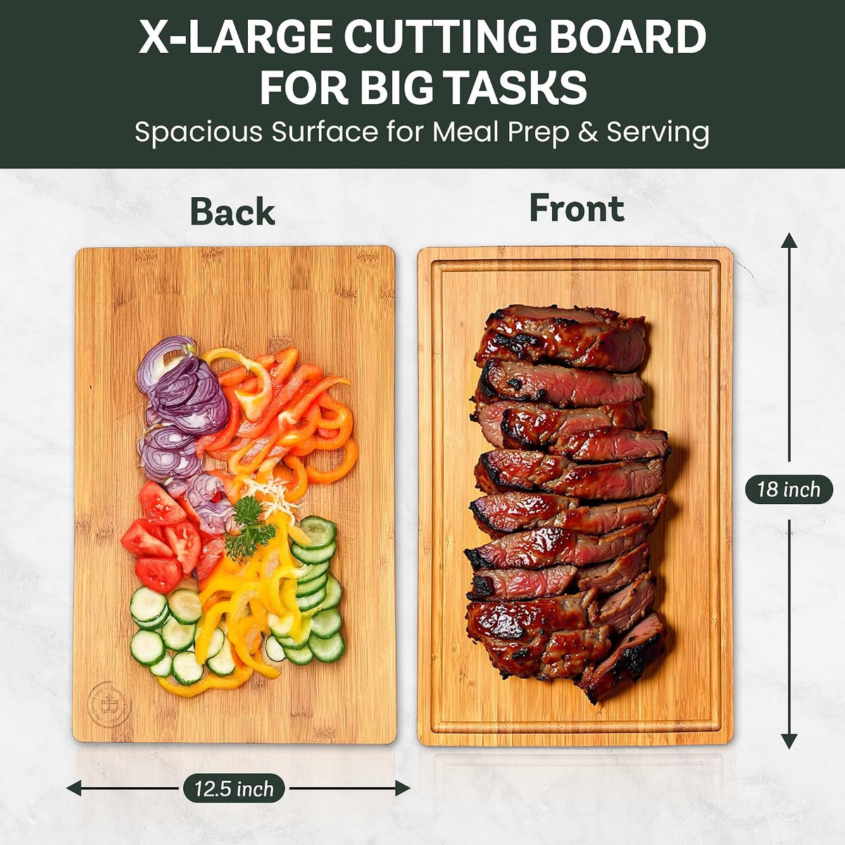 Bamboo Cutting Board Set of 3, Reversible Wood Cutting Boards for Kitchen
