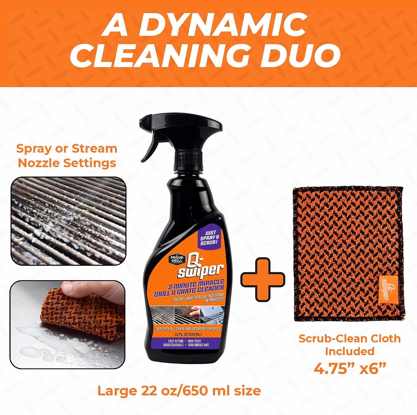 Proud Grill Company Q-Swiper 2-Minute Miracle Grill & Grate Cleaner with Scrub Clean Cloth - Father Day Gifts, Degreaser Spray for BBQ, Oven, Stove, Kitchen Tops & Surfaces, Grate & Grease Remover