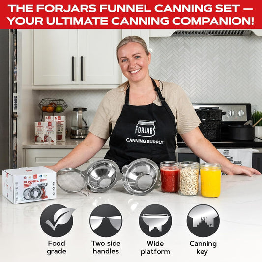 FORJARS Canning Funnel Set - with Strainer for Wide and Regular Mason Jars and Food Funnels for Transferring Oils - Durable, Small, Stainless Steel Kitchen Funnel Set - Canning Supplies Kit